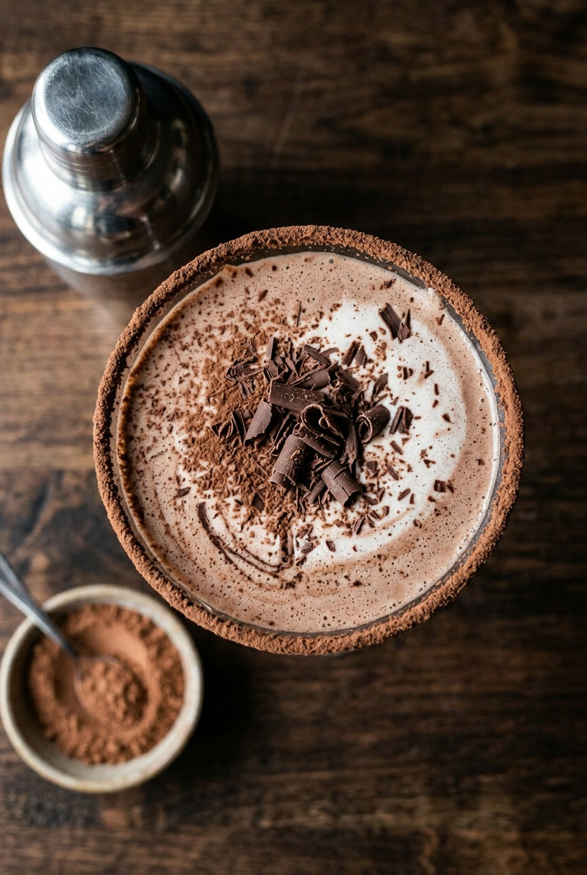 Overhead view of chocolate martini in crystal martini glass with cocktail shaker on white marble