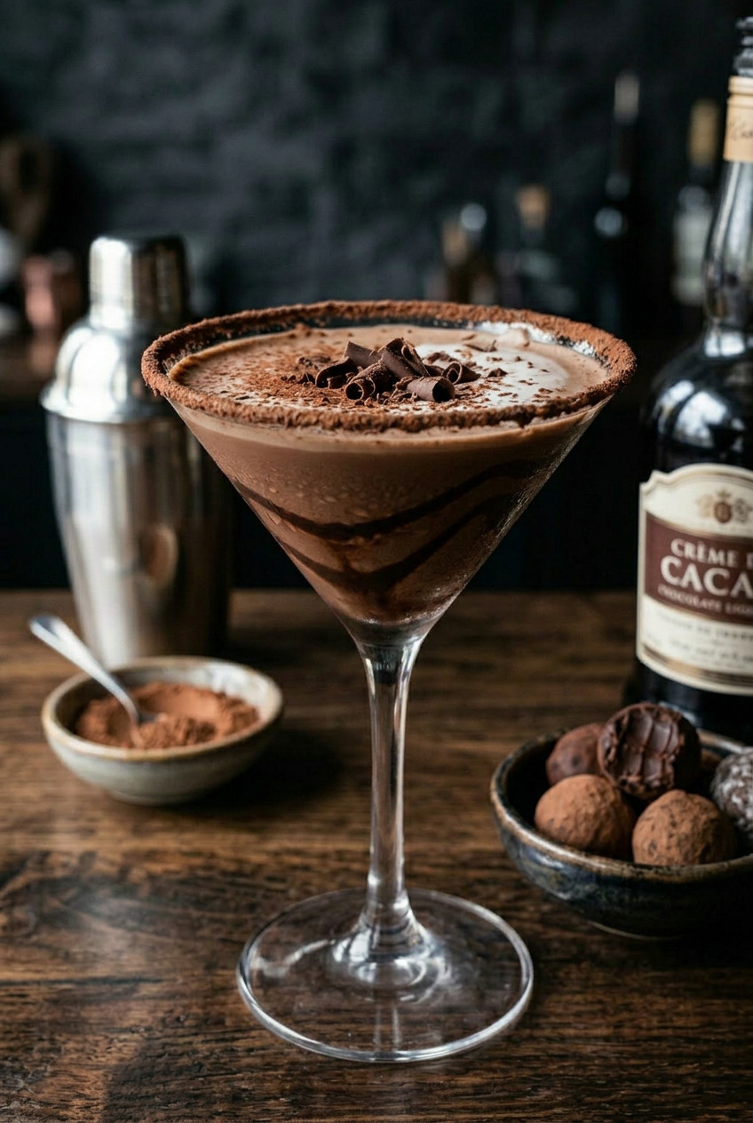 Two chocolate martinis served on white marble with cocoa-dusted rims and chocolate curl garnishes
