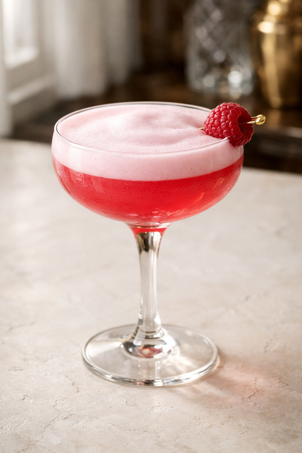 Clover Club Cocktail in elegant coupe glass with raspberry garnish