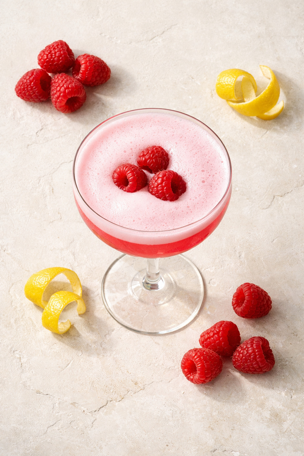 Overhead view of Clover Club Cocktail with raspberries and lemon twist