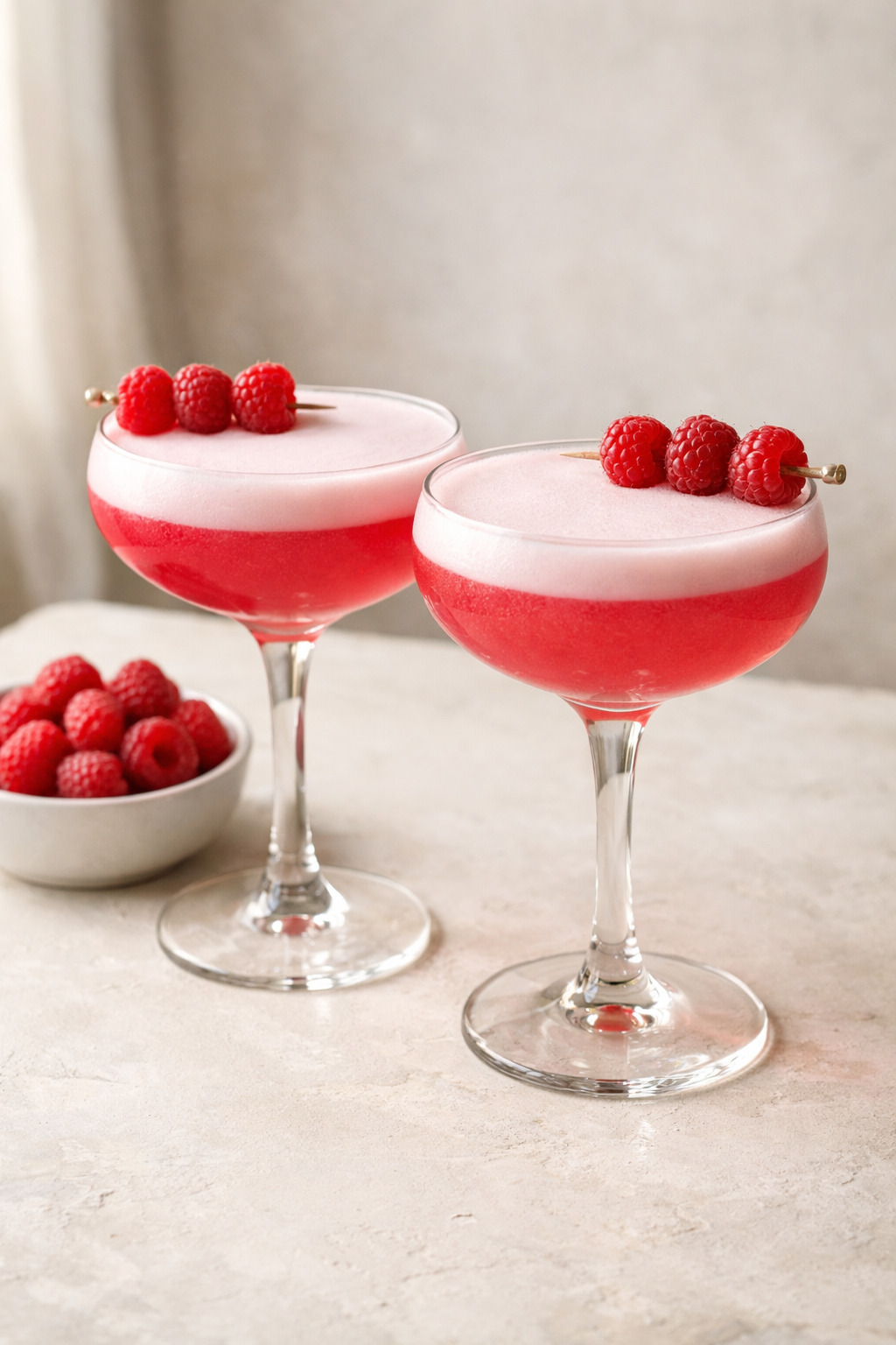 Two Clover Club Cocktails served in coupe glasses with fresh raspberries