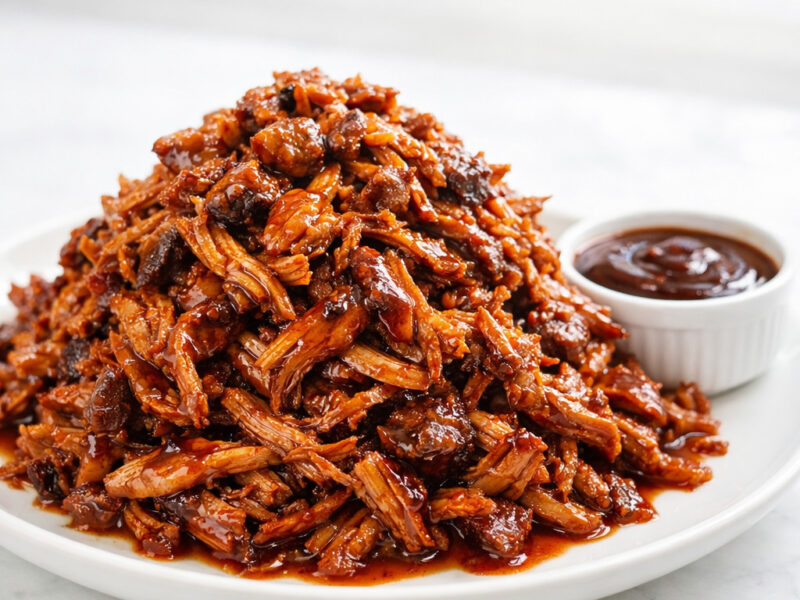 Coca cola pulled pork piled high on a white plate with BBQ sauce