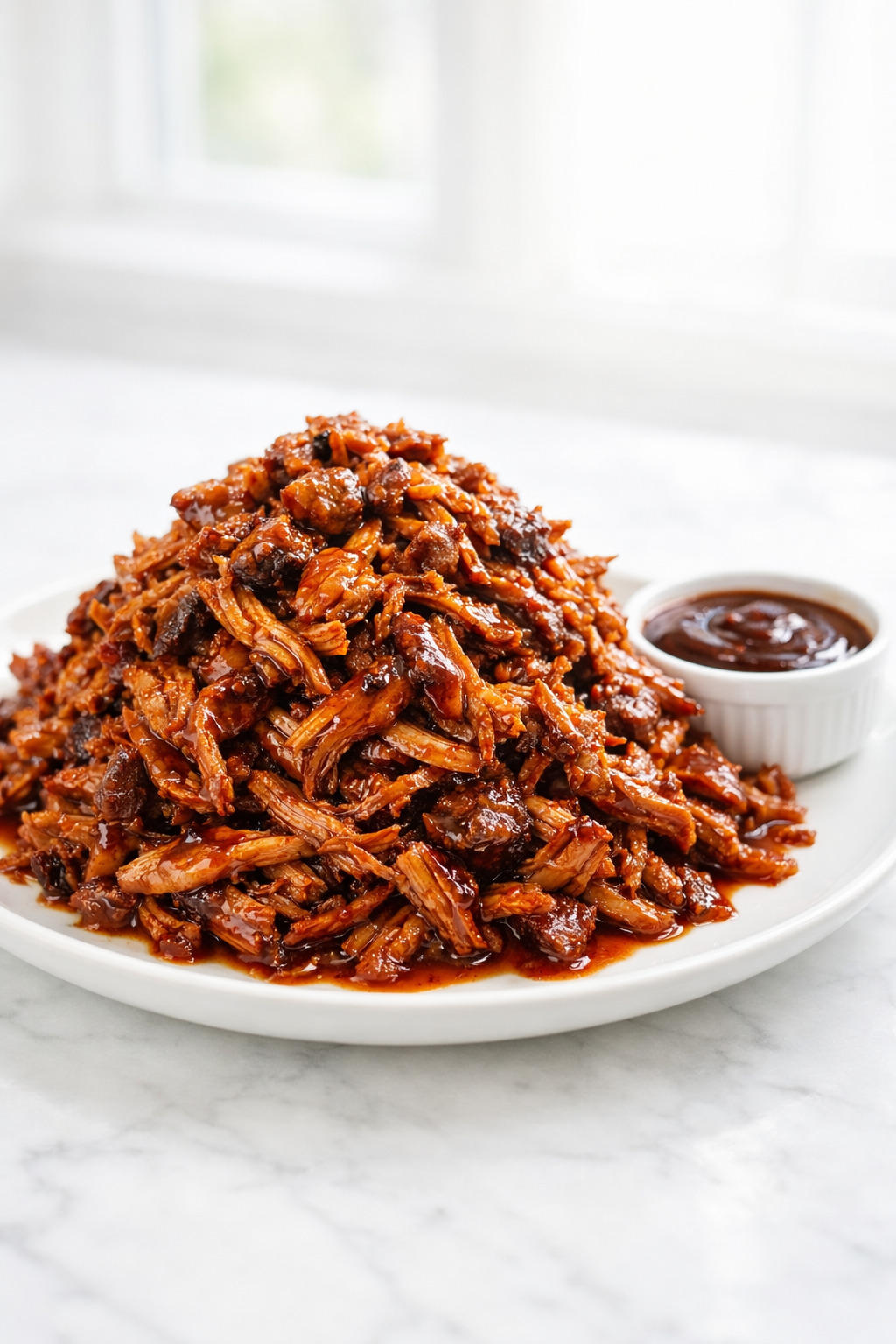 Coca cola pulled pork piled high on a white plate with BBQ sauce