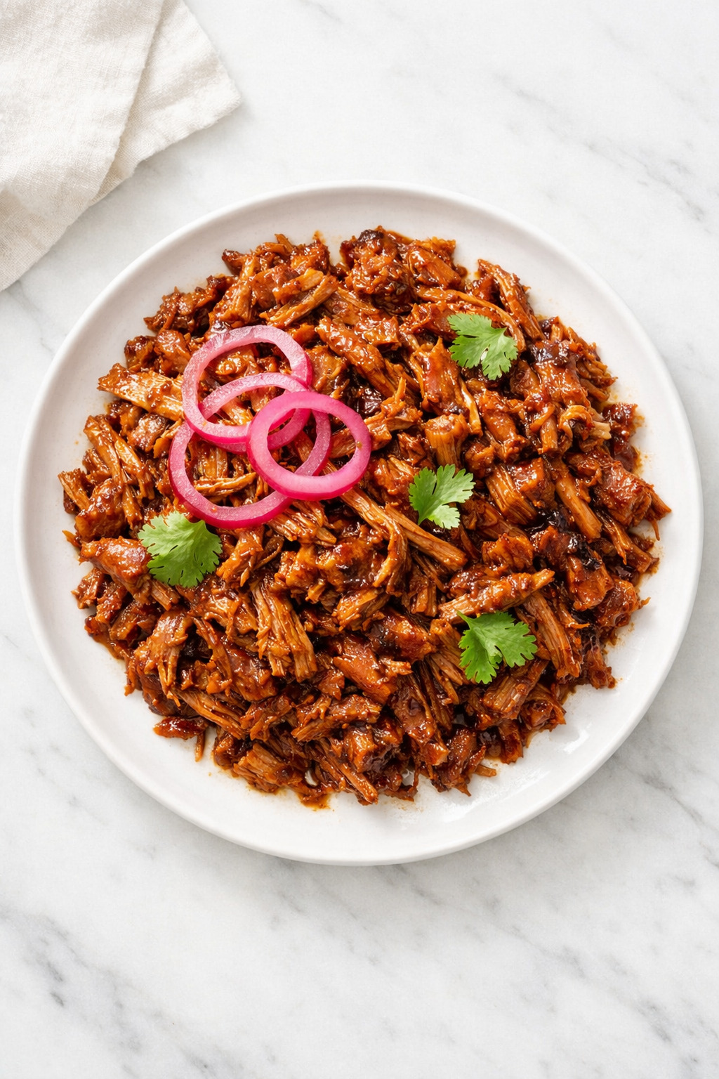 Overhead view of coca cola pulled pork with pickled onions and cilantro