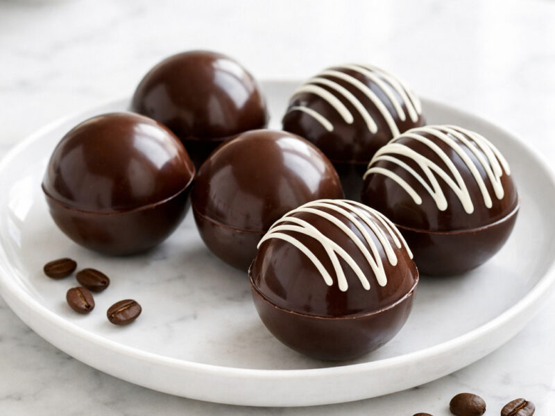 Chocolate coffee bombs with white chocolate drizzle