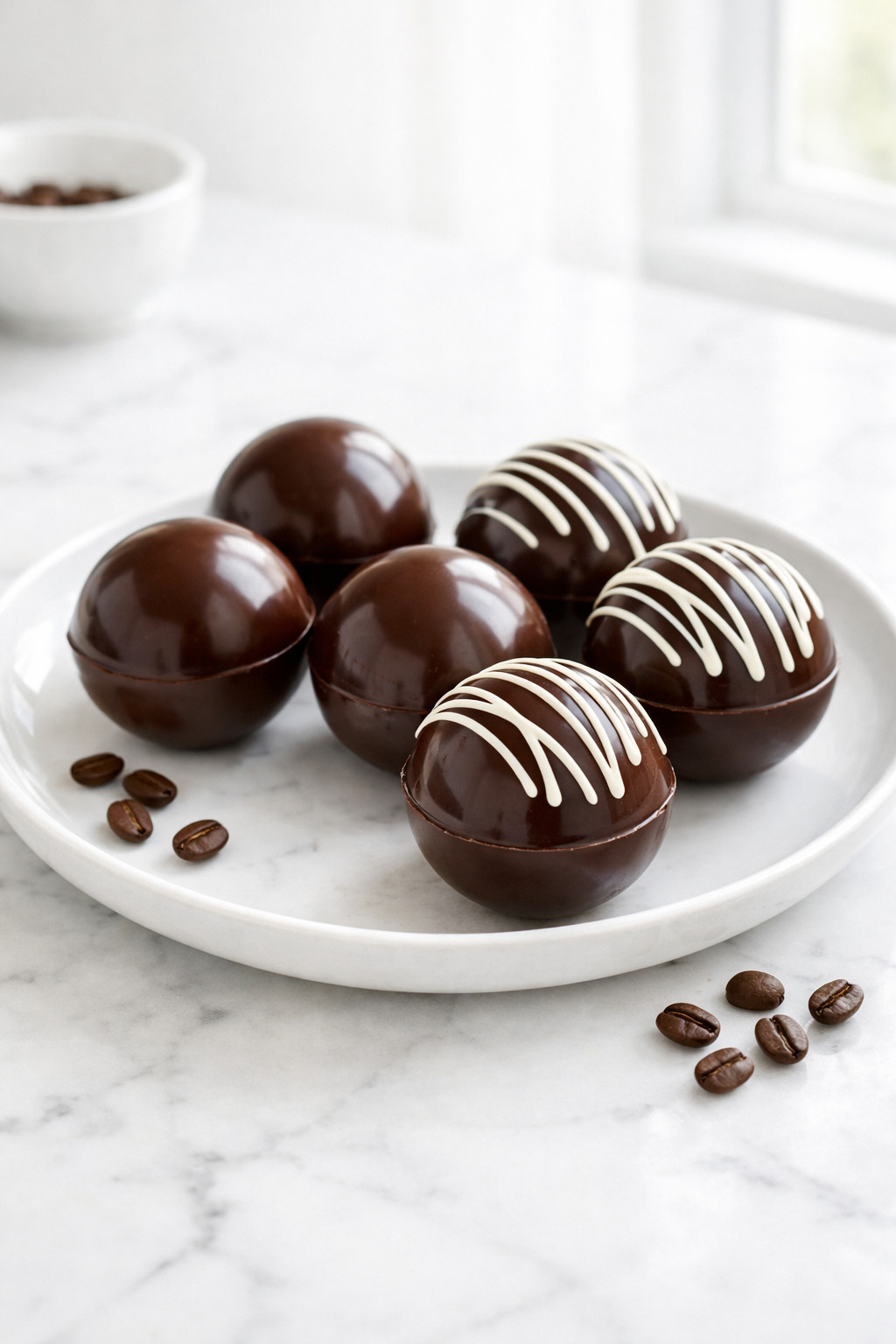 Chocolate coffee bombs with white chocolate drizzle