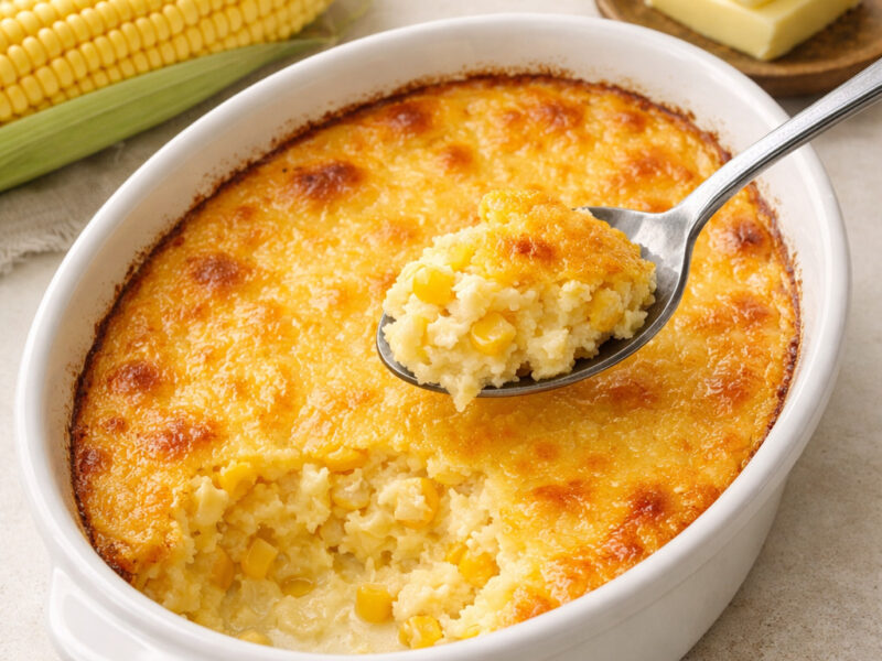 Corn pudding in a white ceramic oval baking dish on light concrete