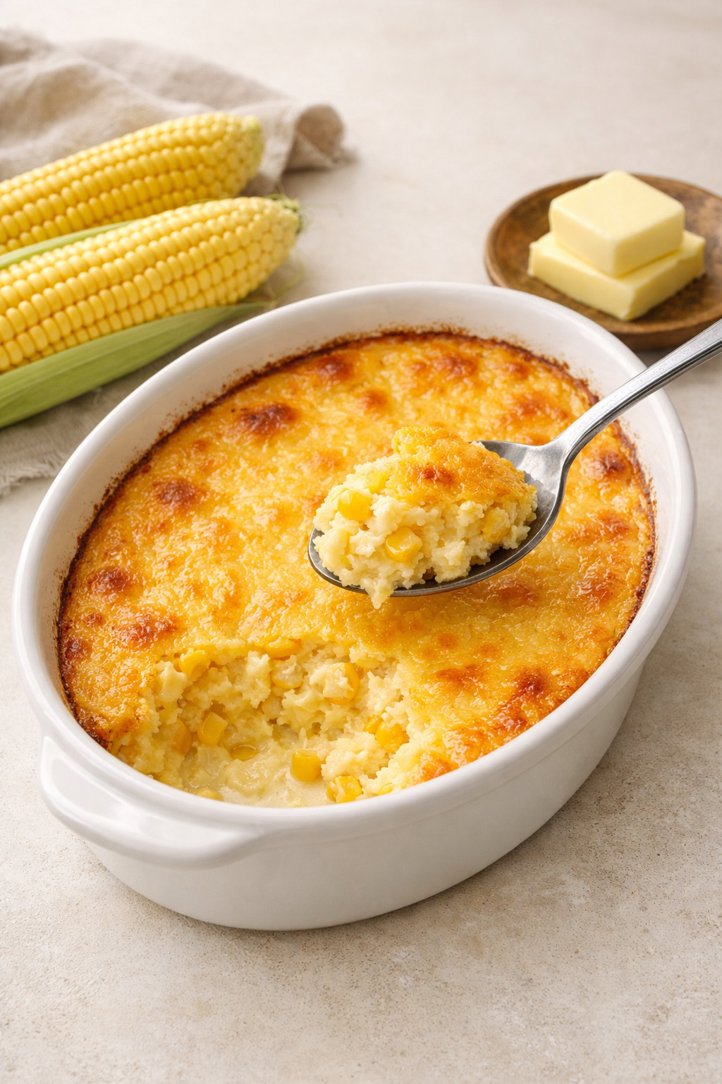 Corn pudding in a white ceramic oval baking dish on light concrete surface showing golden top with slight browning at edges