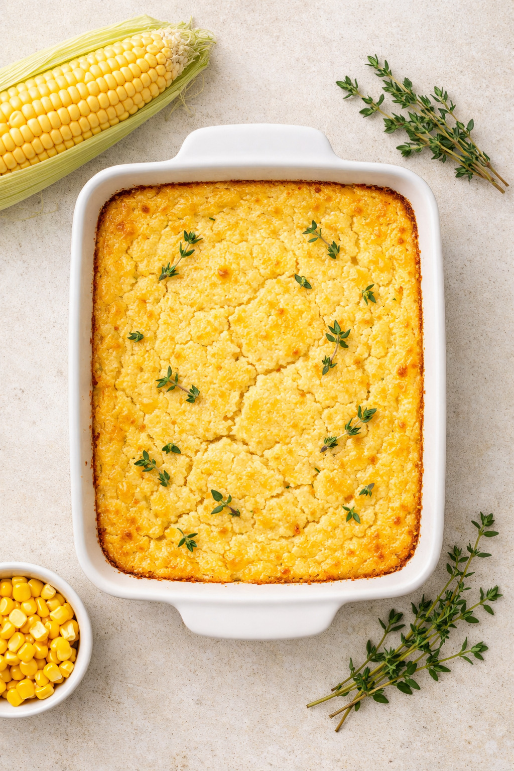 Overhead flat-lay of corn pudding in white baking dish on light concrete with fresh thyme and corn cob props