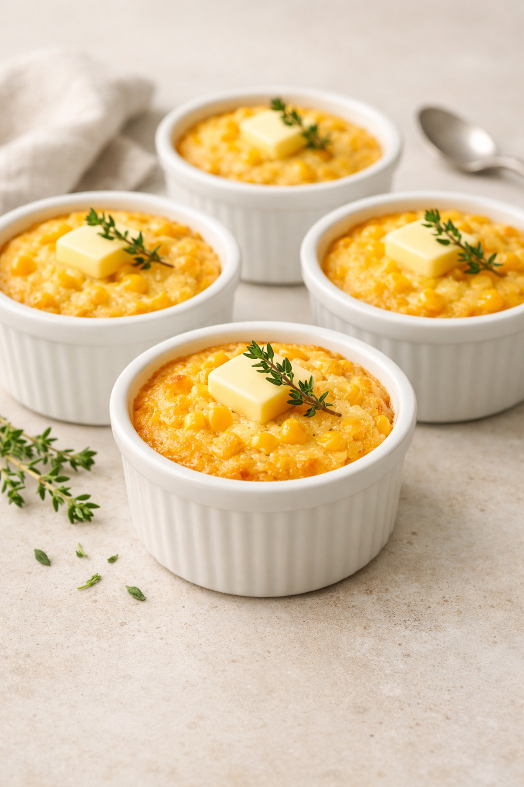 Individual servings of corn pudding in white ceramic ramekins topped with butter and fresh thyme on light concrete