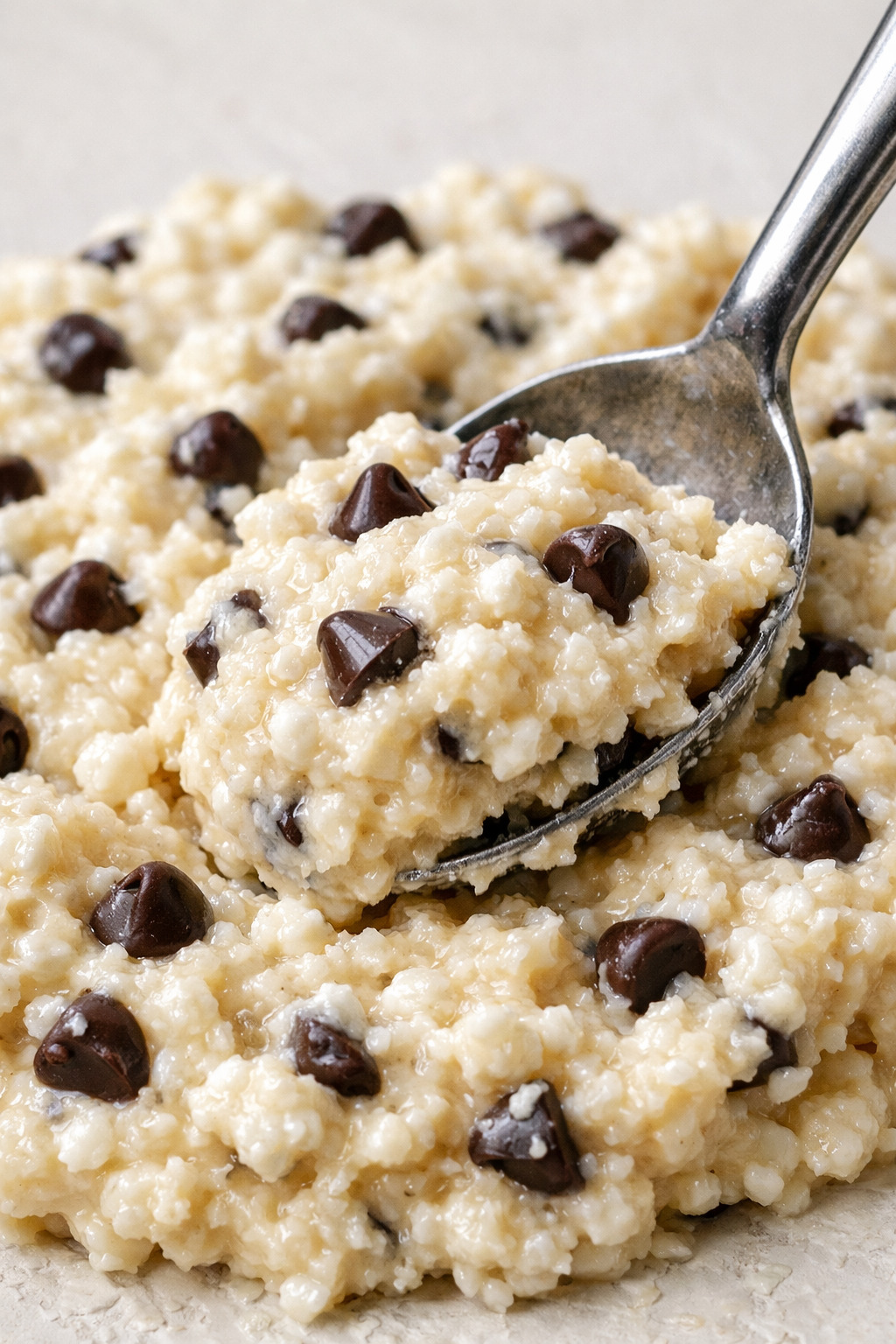 Closeup of cottage cheese cookie dough texture with chocolate chips