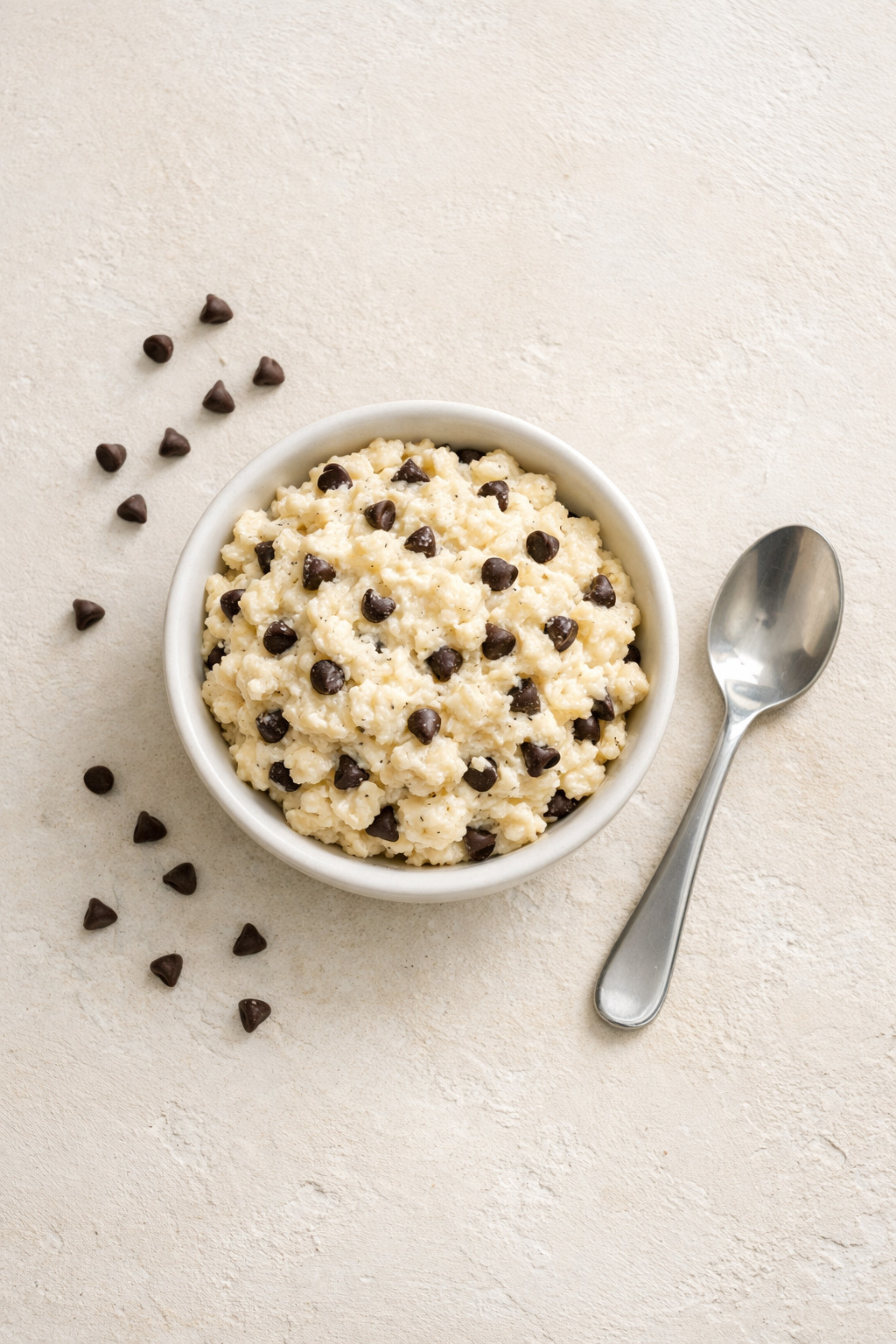 Cottage cheese cookie dough overhead view with chocolate chips on off-white plaster