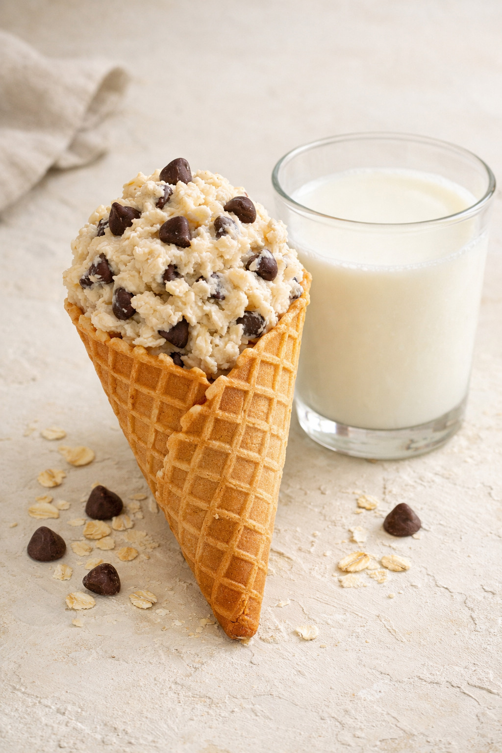 Cottage cheese cookie dough served in a waffle cone