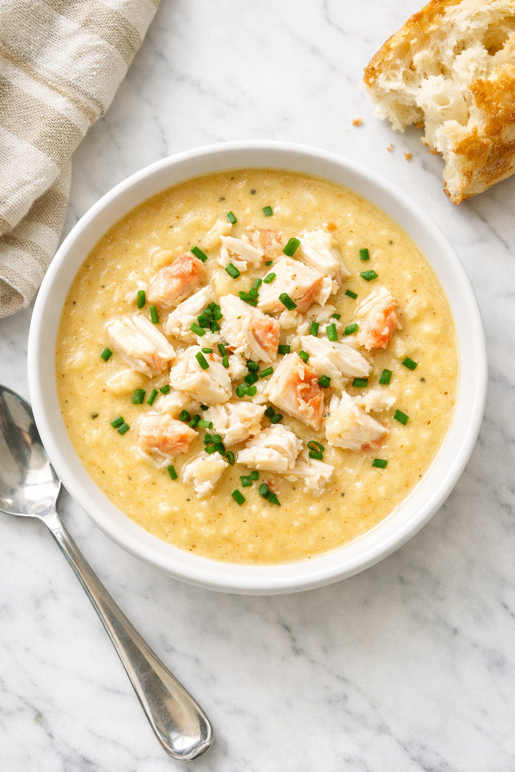 Cream of crab soup overhead view