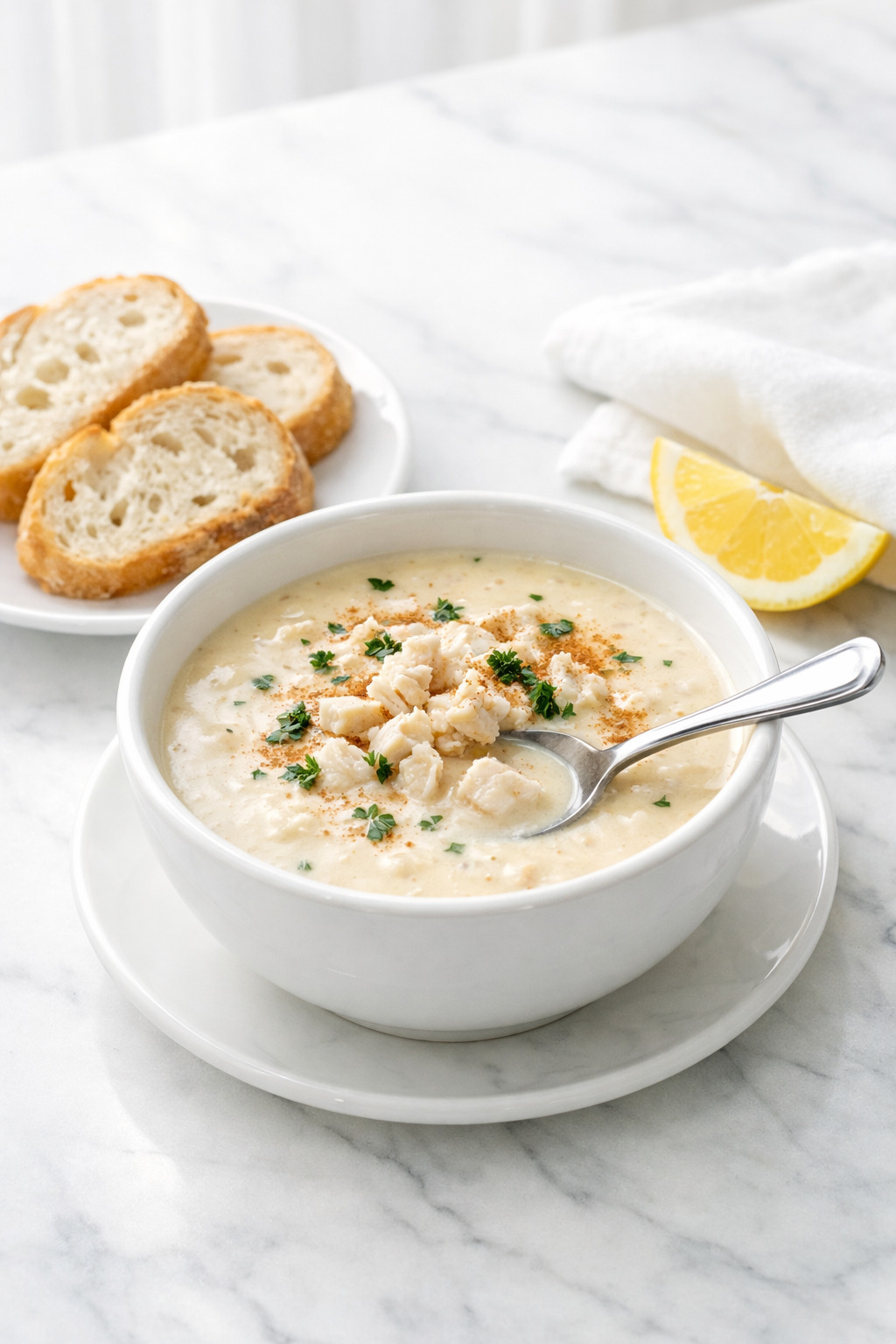 Cream of crab soup served with crusty bread