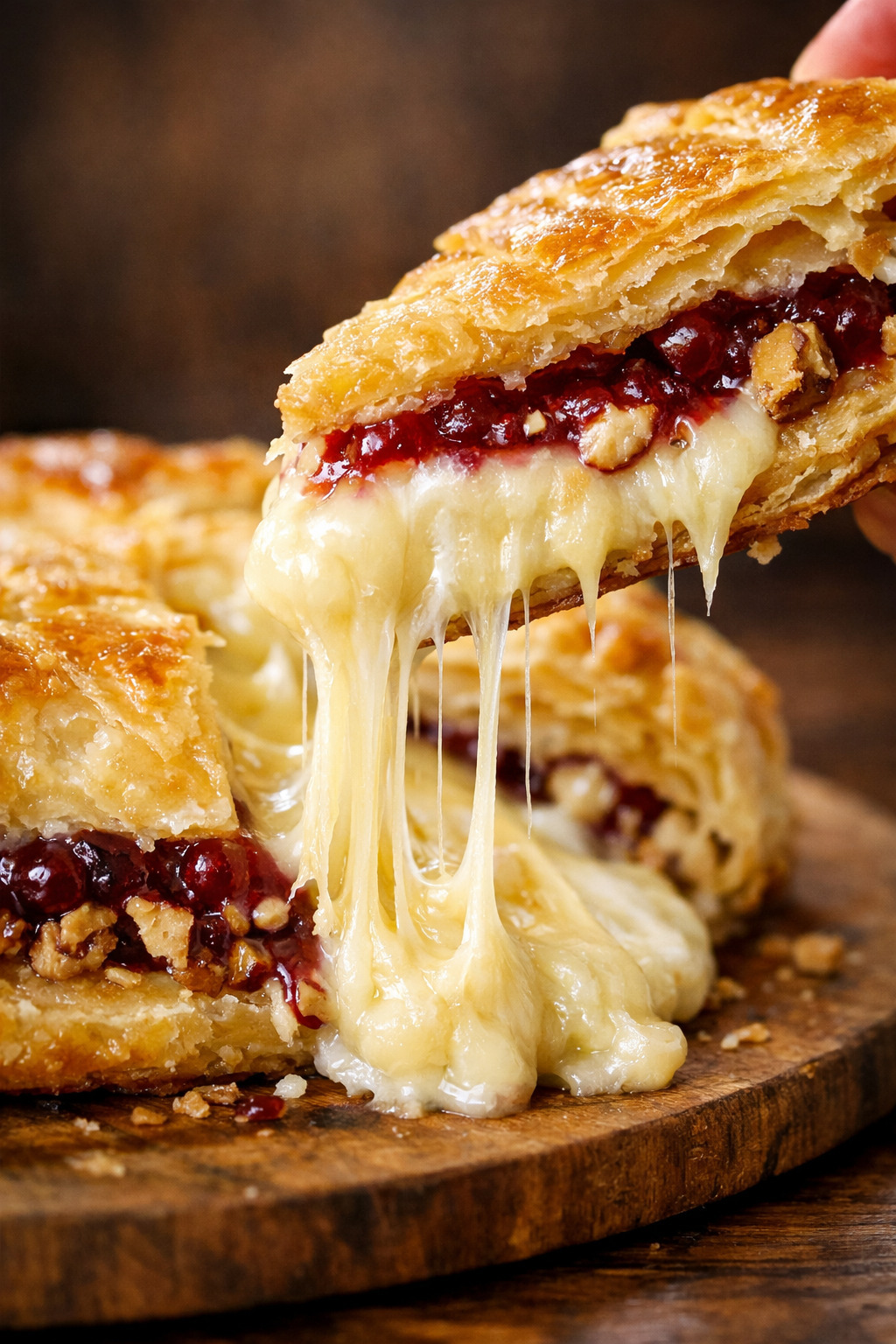 Close-up of cranberry pecan brie in puff pastry showing melted cheese and cranberry filling