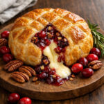 Cranberry pecan brie wrapped in golden puff pastry on a wooden cutting board