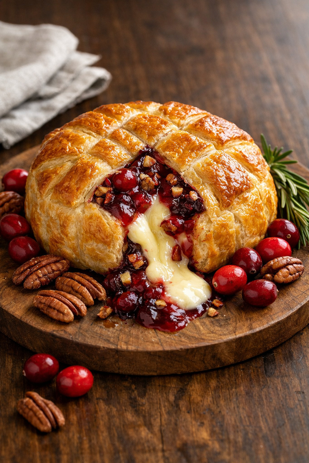 Cranberry pecan brie wrapped in golden puff pastry on a wooden cutting board
