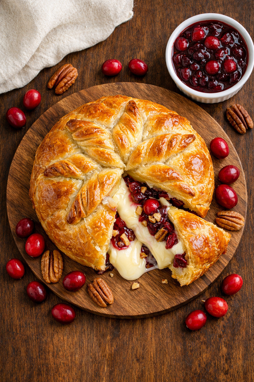 Overhead view of cranberry pecan brie baked in puff pastry on a wooden cutting board