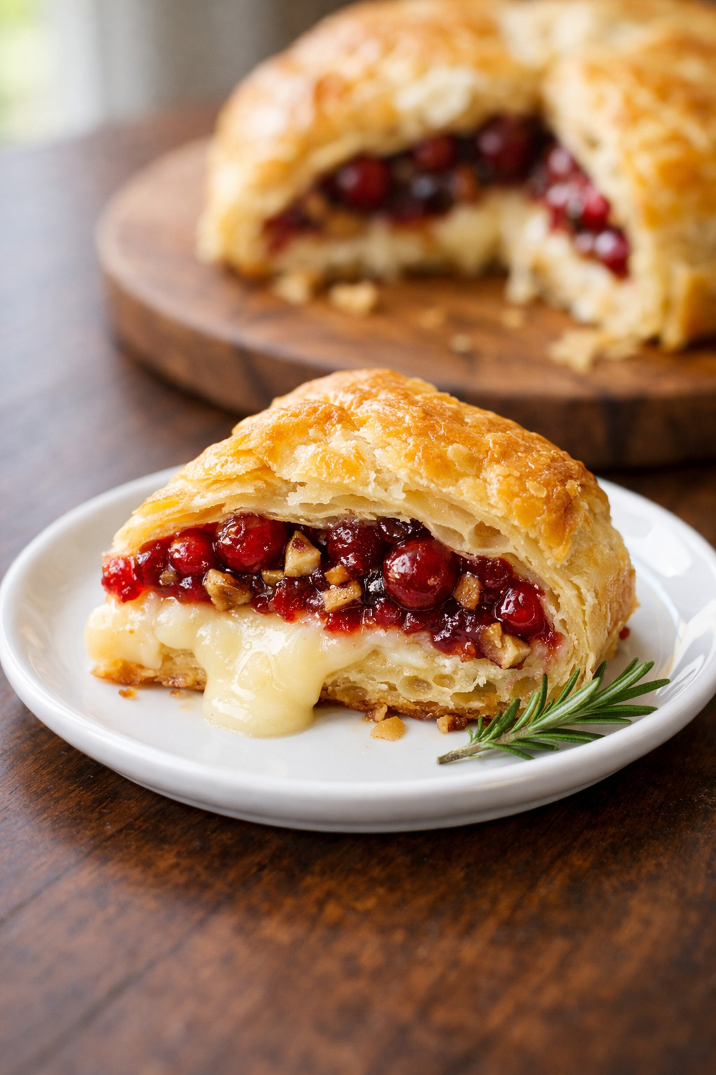 A slice of cranberry pecan brie in puff pastry showing layers of cheese and cranberry