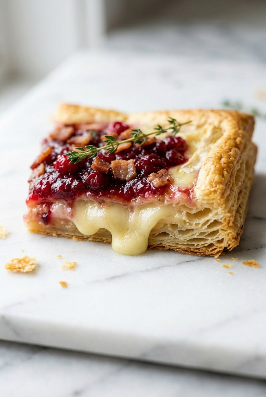 Close-up of cranberry brie tart slice showing flaky pastry layers and melted brie