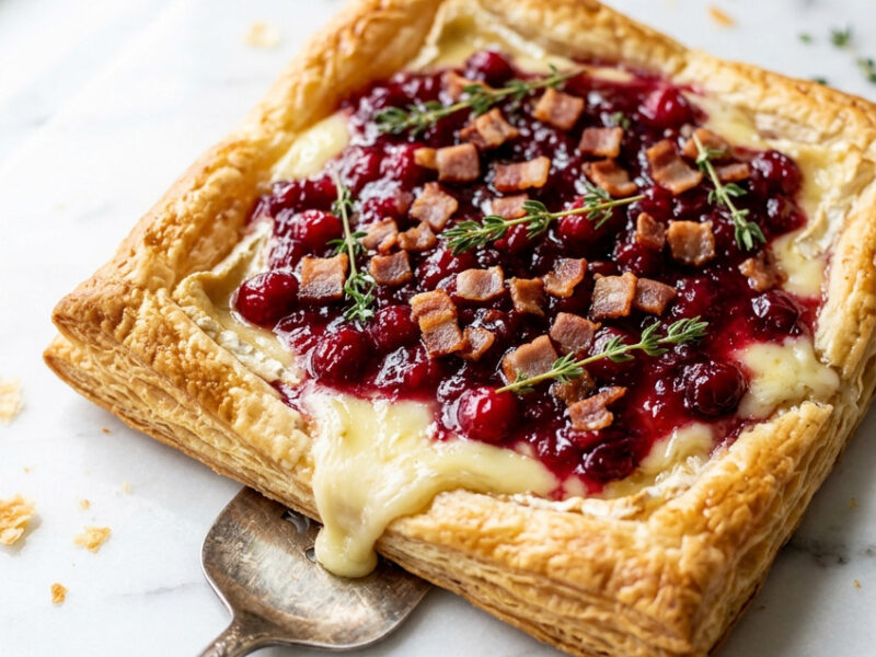 Cranberry brie tart with crispy pancetta and fresh thyme on golden puff pastry