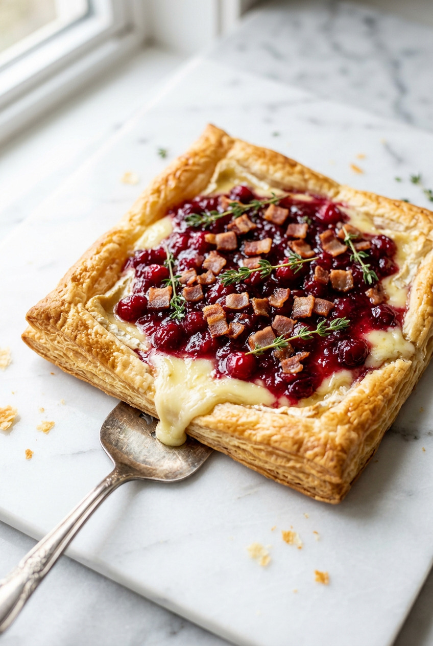 Cranberry brie tart with crispy pancetta and fresh thyme on golden puff pastry
