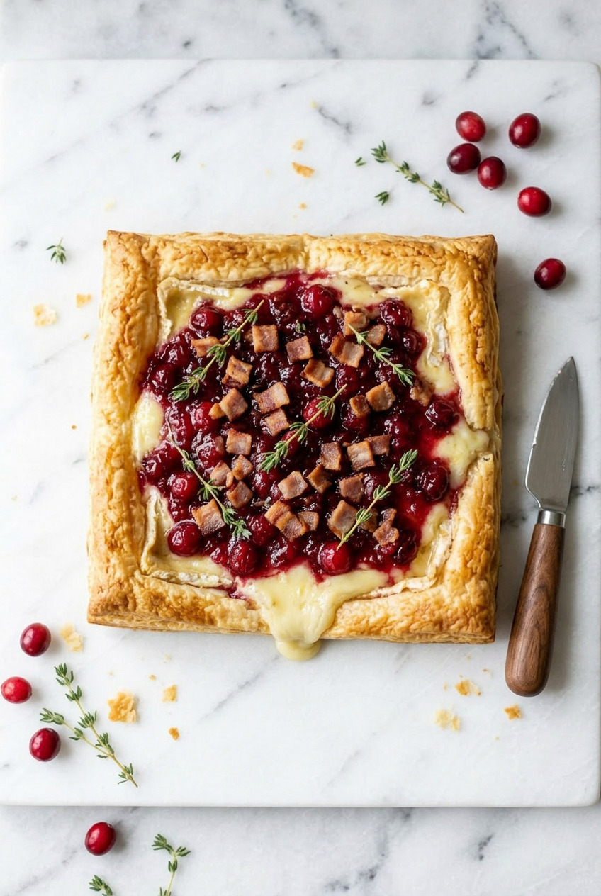 Overhead view of cranberry brie tart showing melted cheese and cranberry compote