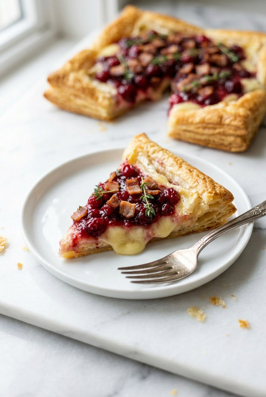 Cranberry brie tart cut into wedges with melted brie cheese stretching