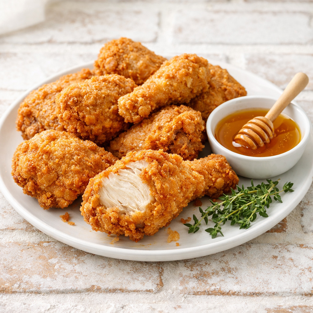 Crisco fried chicken pieces on white ceramic plate showing golden-brown crispy crust