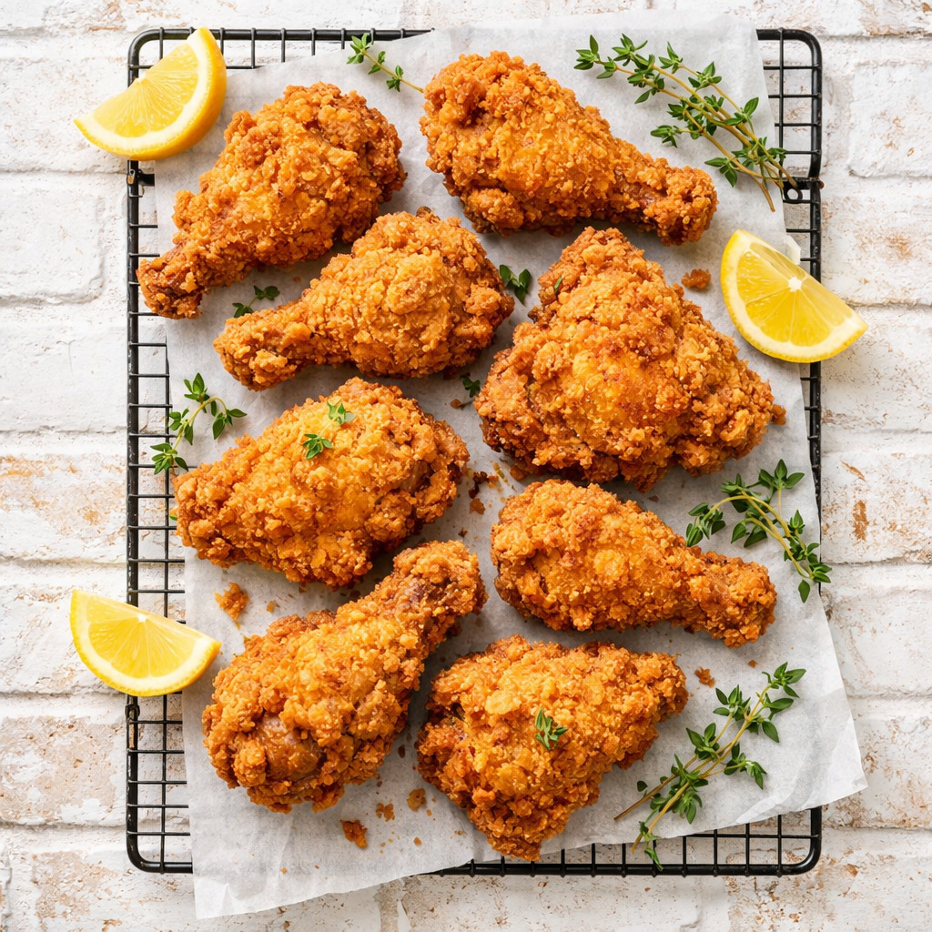 Overhead flat-lay of crisco fried chicken on wire rack over parchment paper with lemon wedges and thyme