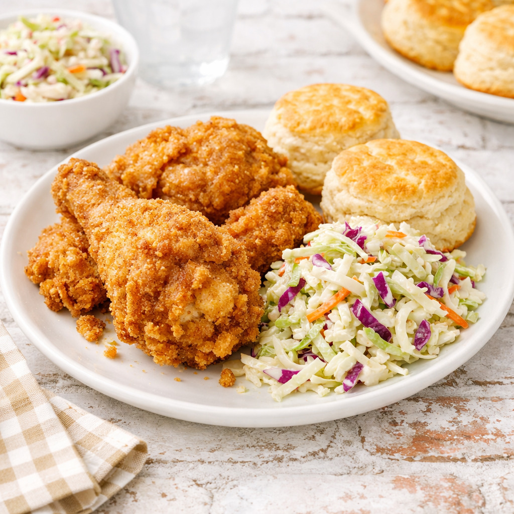 Crisco fried chicken served on white ceramic plate with coleslaw and biscuits family-style