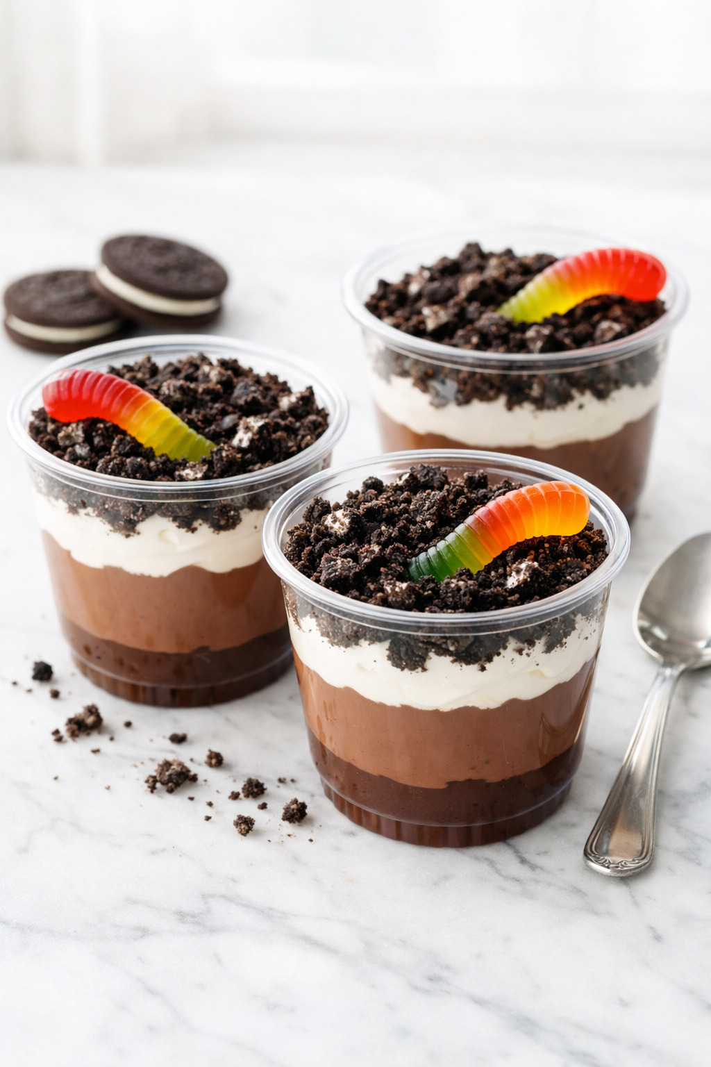 Individual dirt pudding cups with gummy worms