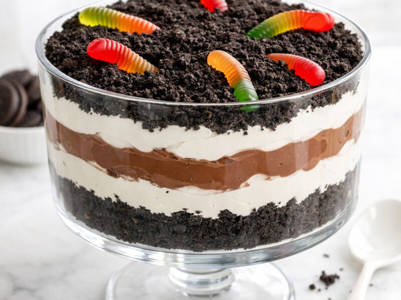 Dirt pudding with Oreo crumbs and gummy worms