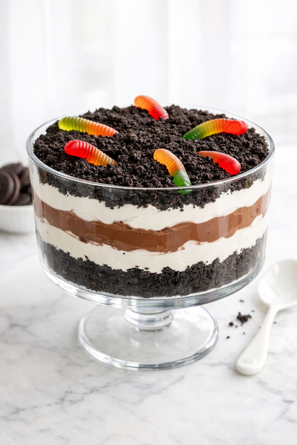 Dirt pudding with Oreo crumbs and gummy worms