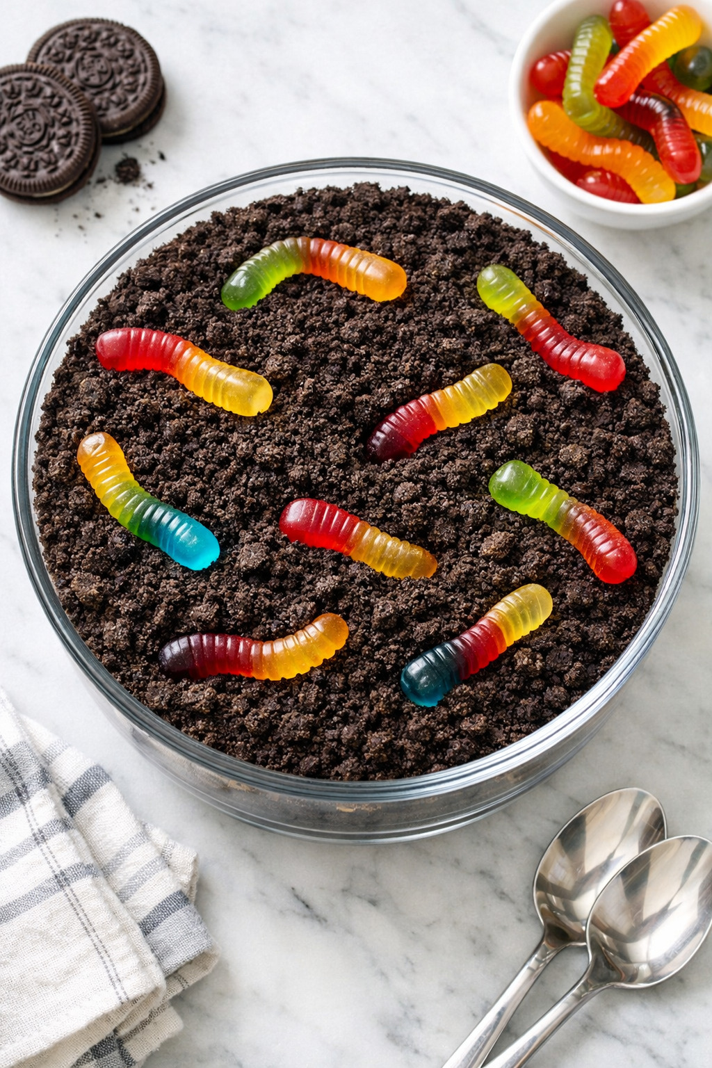 Dirt pudding overhead showing Oreo dirt topping