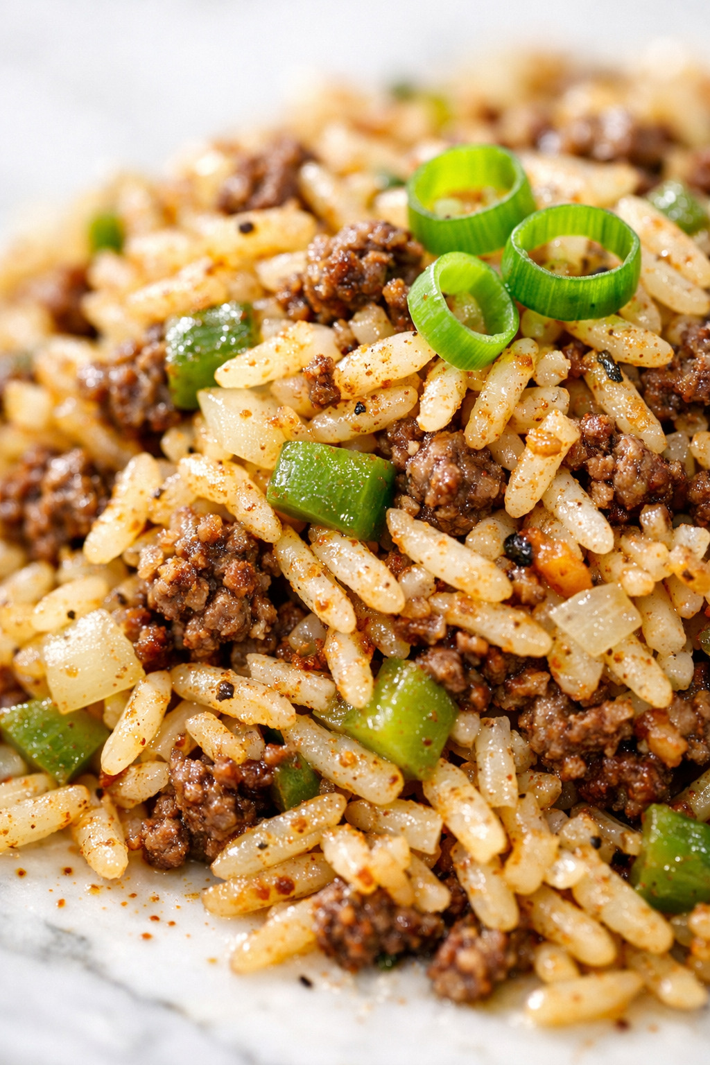 Close-up of dirty rice showing individual rice grains and ground beef