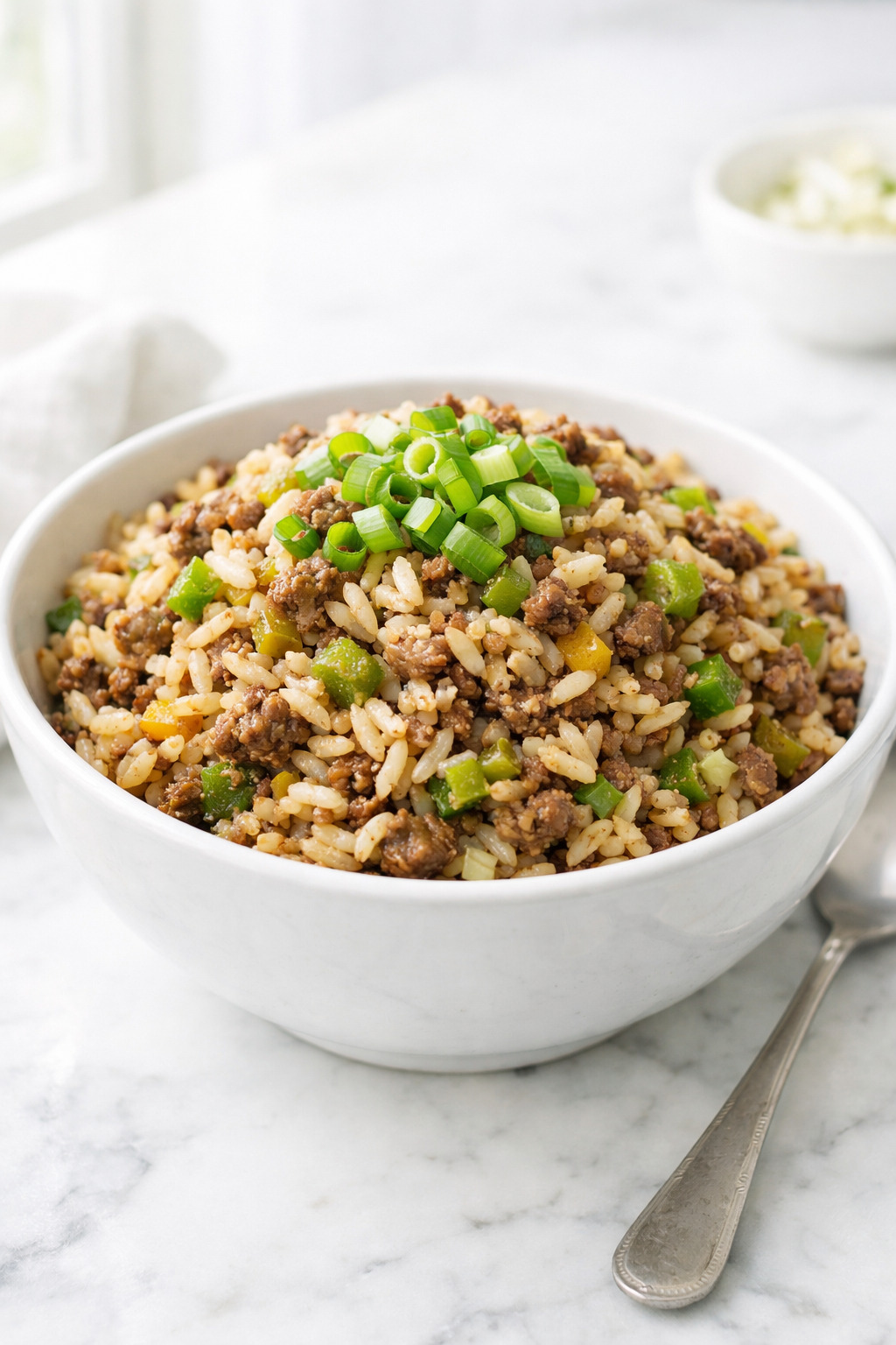 Bowl of dirty rice with ground beef garnished with green onions