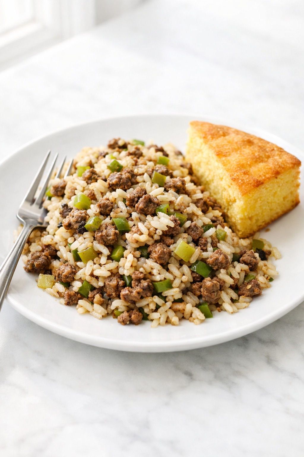 Dirty rice with ground beef served on a plate with cornbread