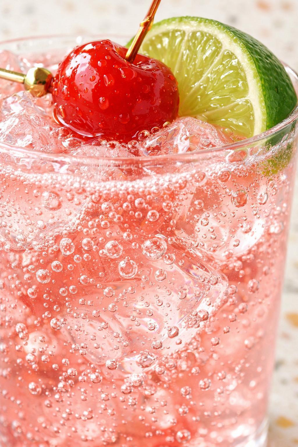 Closeup of Dirty Shirley cocktail showing pink color and bubbles