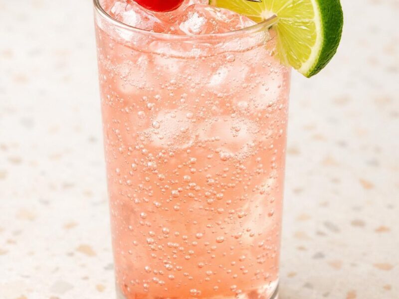 Dirty Shirley cocktail in tall glass with cherry garnish