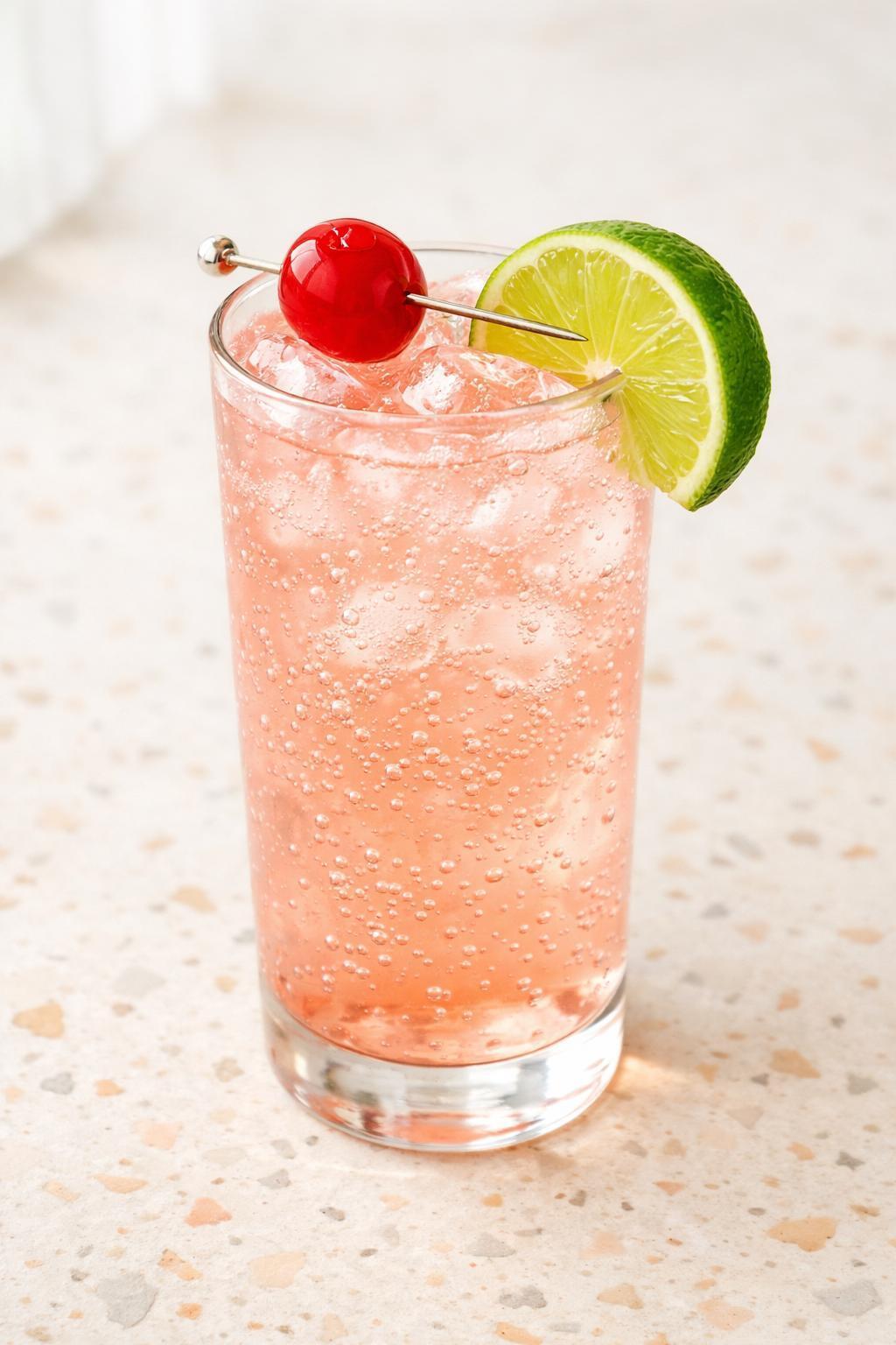 Dirty Shirley cocktail in tall glass with cherry garnish