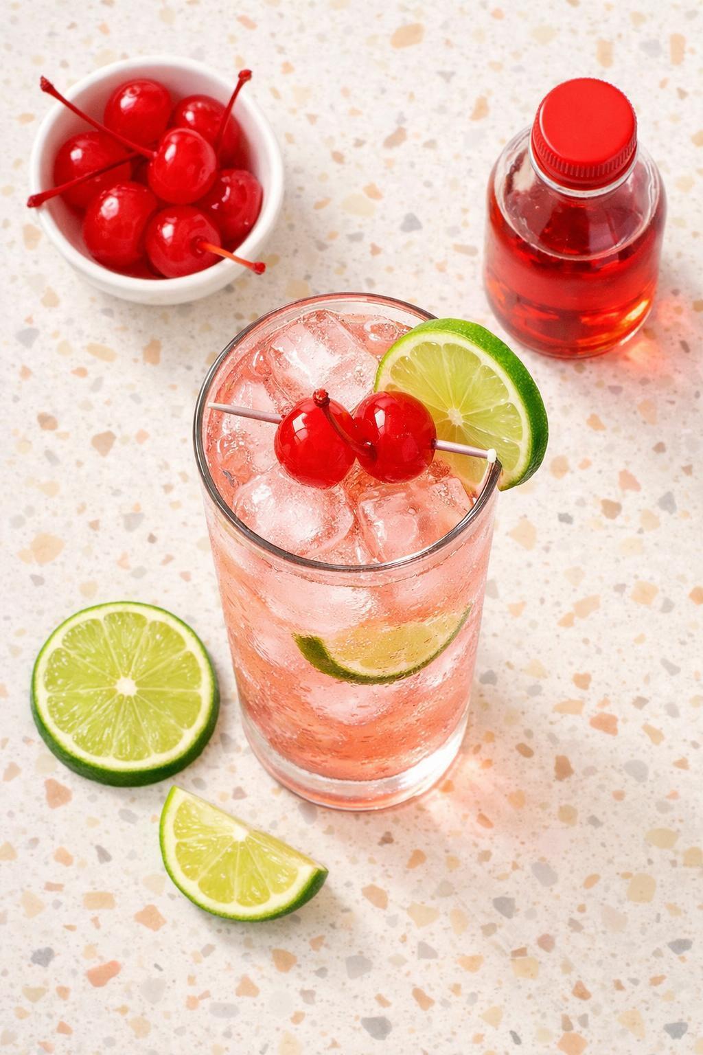 Overhead view of Dirty Shirley cocktail with lime and cherry