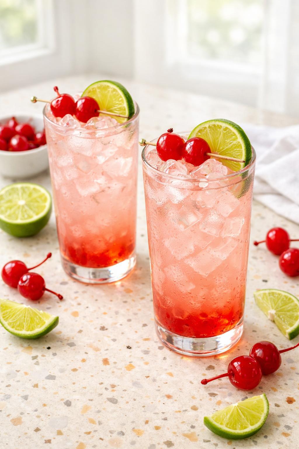 Two Dirty Shirley cocktails served with lime and cherries