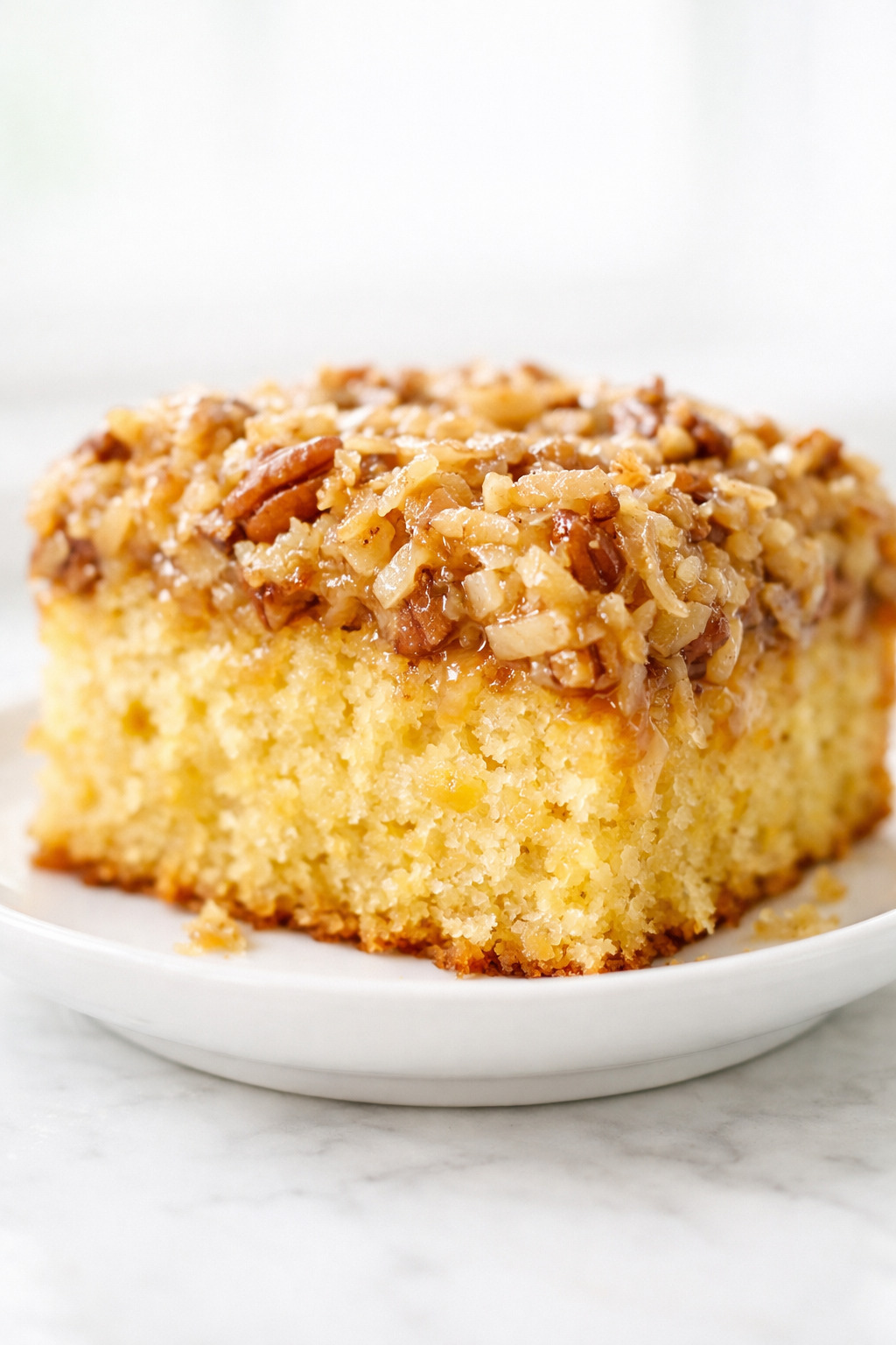 Close-up of do nothing cake slice showing moist pineapple crumb and gooey coconut pecan topping