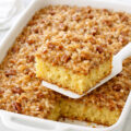 Do nothing cake in white ceramic baking dish with coconut pecan topping