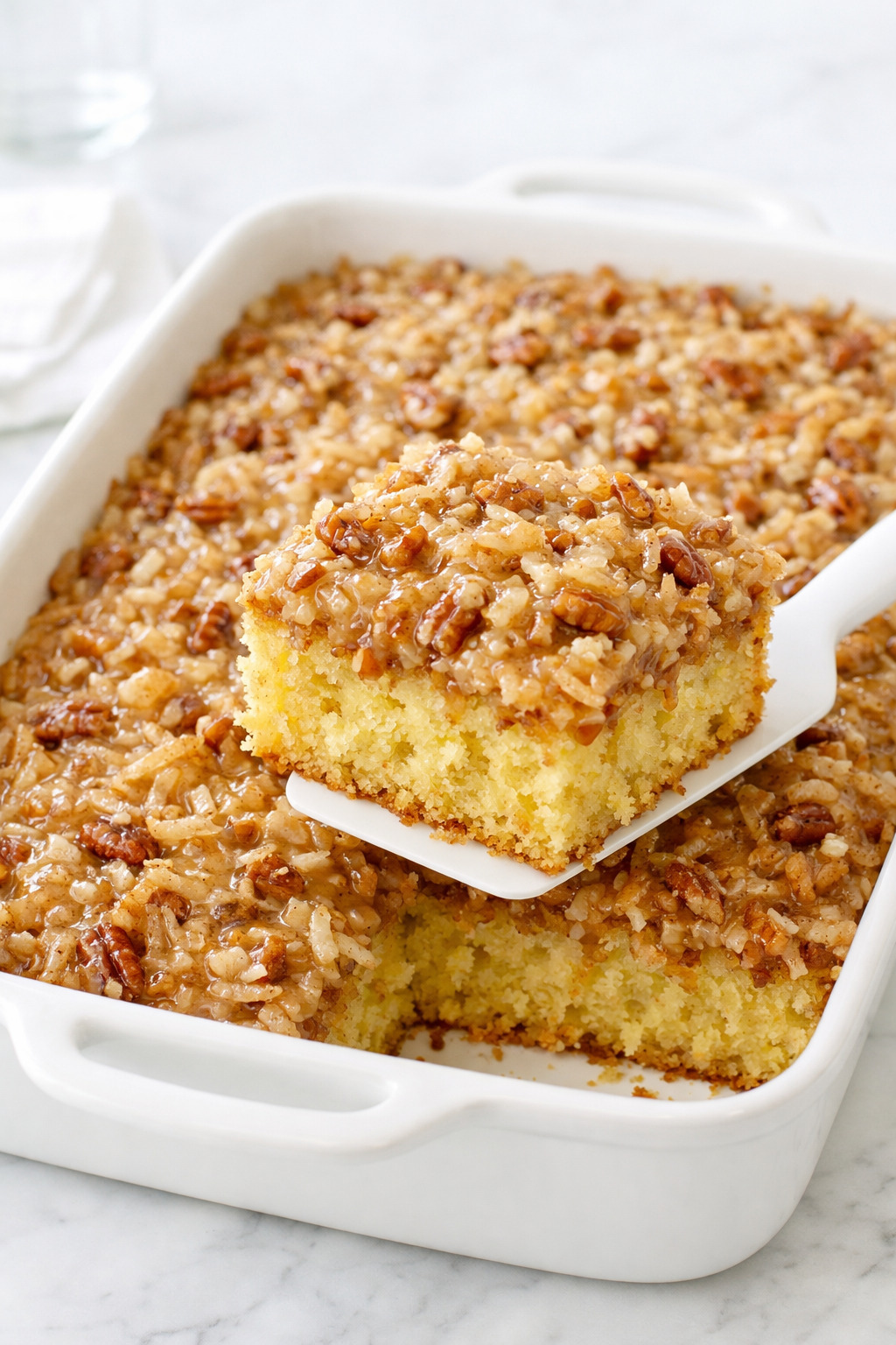 Do nothing cake in white ceramic baking dish with coconut pecan topping