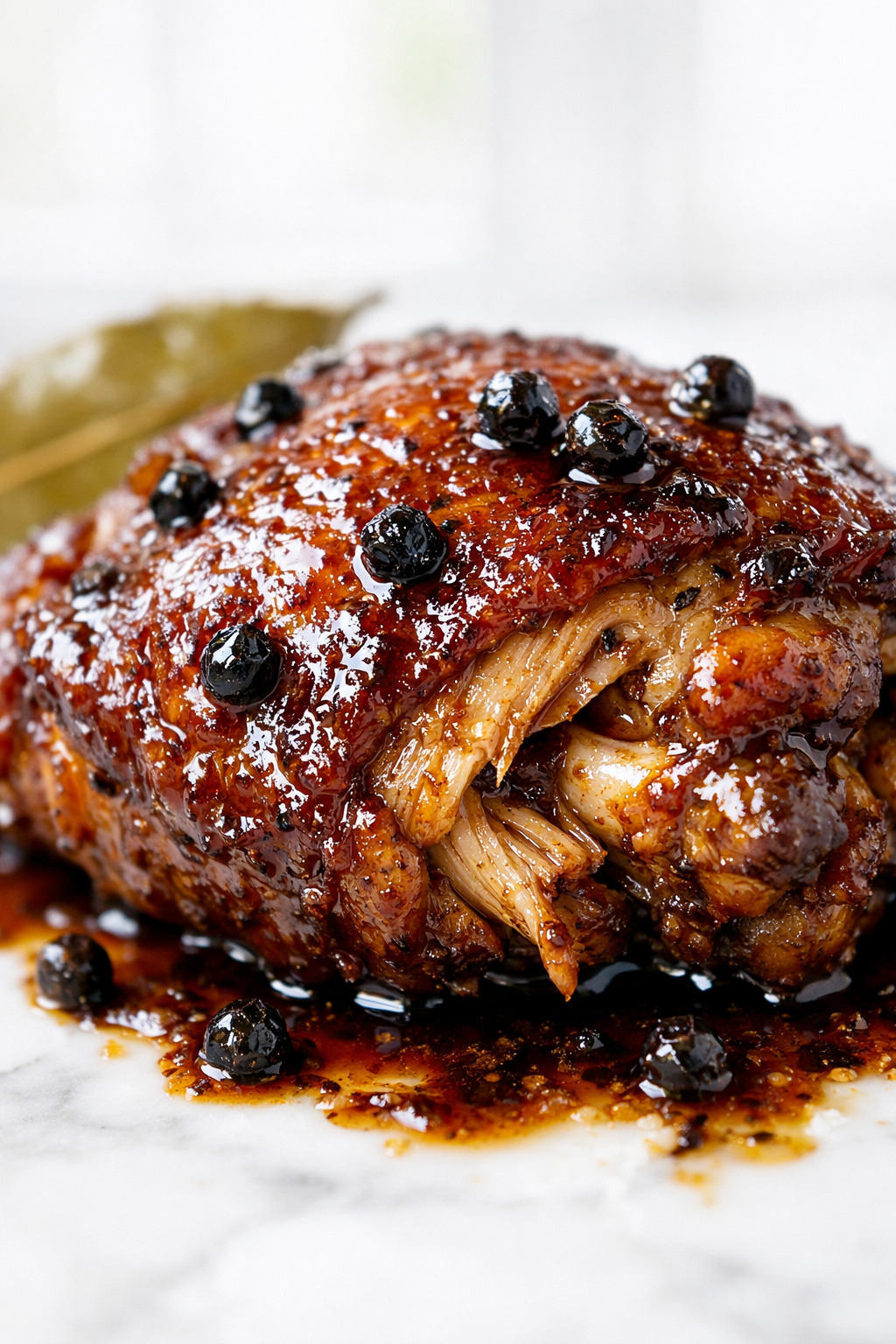 Closeup of braised chicken adobo showing caramelized skin and glossy sauce