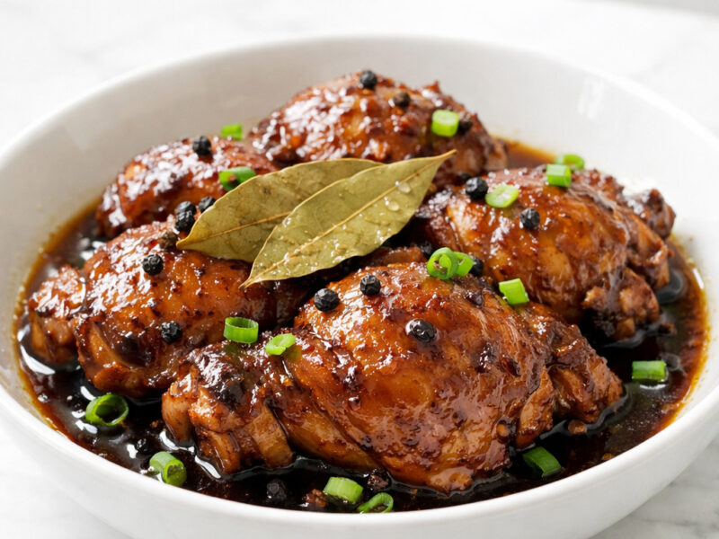 Filipino chicken adobo with dark glossy soy vinegar glaze in a white bowl