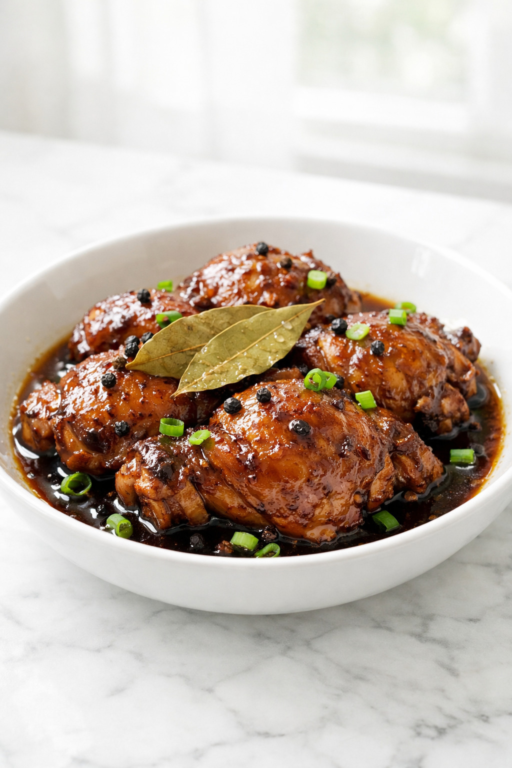 Filipino chicken adobo with dark glossy soy vinegar glaze in a white bowl